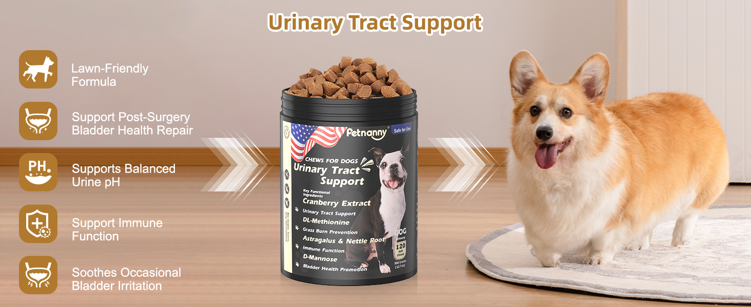 Petnanny urinary tract support chews for dogs, featuring lawn-friendly formula, post-surgery bladder repair support, balanced urine pH, immune function boost and soothing occasional bladder irritation