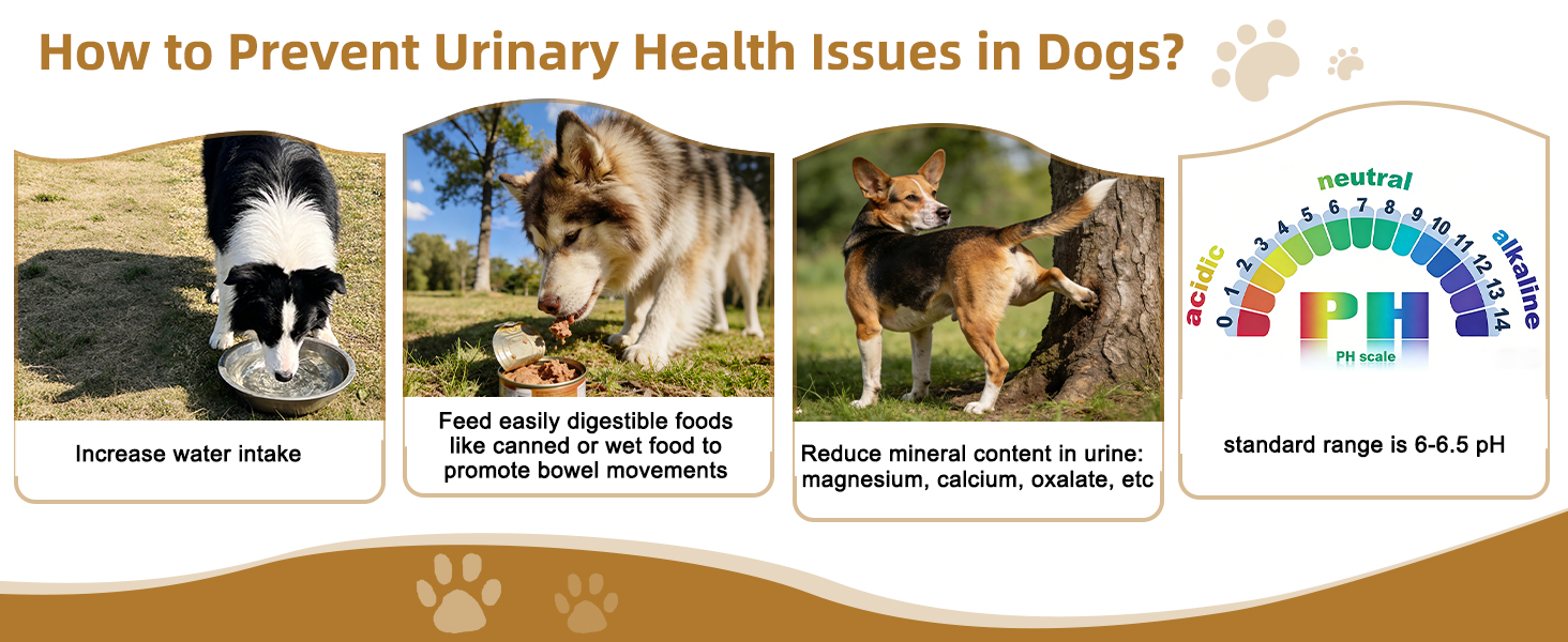Infographic outlining tips to prevent dog urinary health issues: increase water intake, feed digestible wet/canned food, reduce urine mineral content, and maintain urine pH in the 6-6.5 standard range