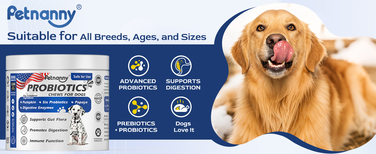 Petnanny probiotic chews for dogs, suitable for all breeds, ages and sizes, featuring advanced probiotics, prebiotics + probiotics blend, digestion support and a flavor dogs love