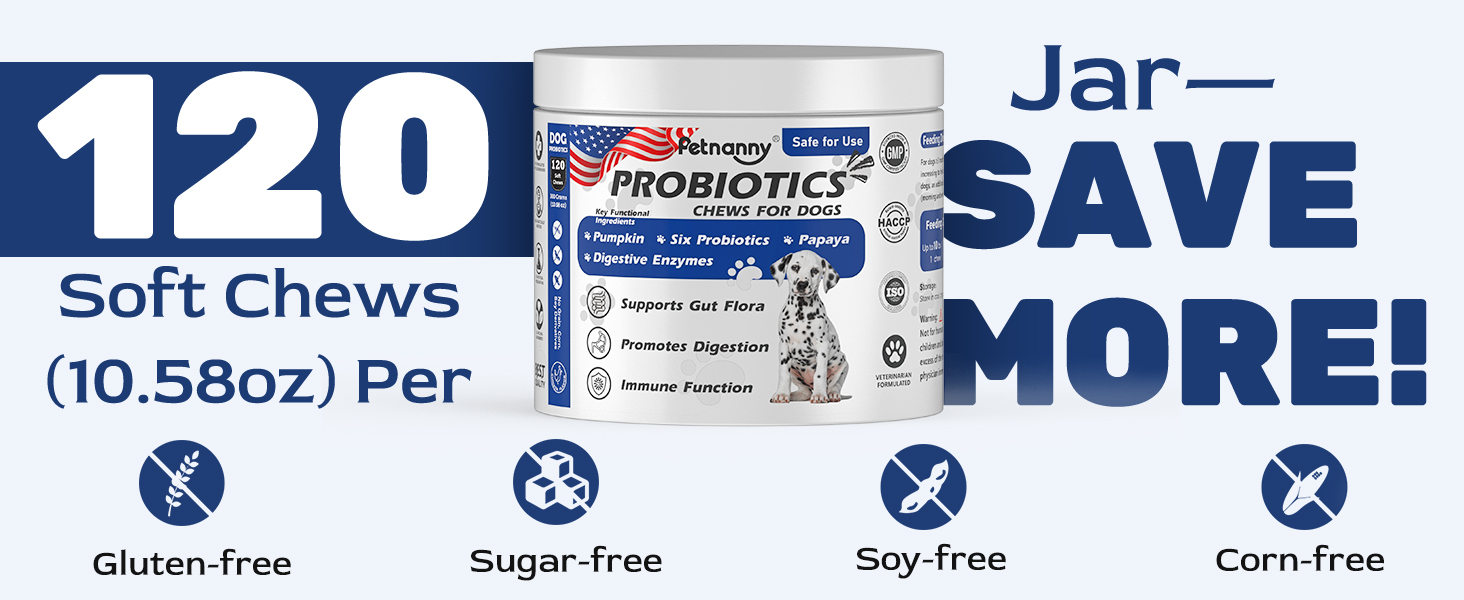 Petnanny 120 soft chews (10.58oz) probiotic jar for dogs, value pack offering maximum savings, formulated without gluten, sugar, soy or corn, supporting gut flora, digestion and immune function